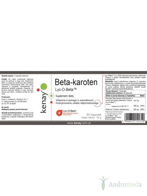 Beta - karoten Prowitamina A Lyc-O-Beta™ 60 kapsułek Kenay