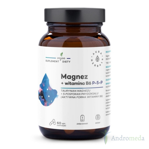 MAGNEZ + WITAMINA B6 - 60 KAPS. AURA HERBALS TAURYNIAN MAGNEZU PIRYDOKSALO-5-FOSFORAN