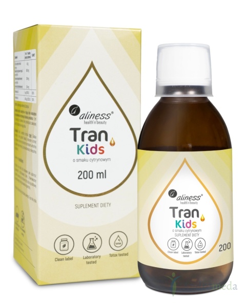 Aliness, Tran (olej z dorsza) KIDS + Wit. A 400 µg, 200 ml o smaku cytrynowym