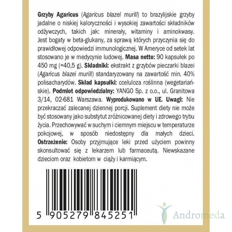 Agaricus - ekstrakt 40% polisacharydów - 90 kaps. Yango