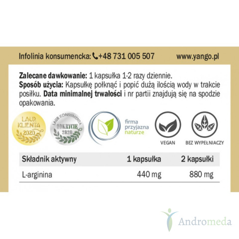 L-arginina 440 mg 90 kapsułek krążenie Yango