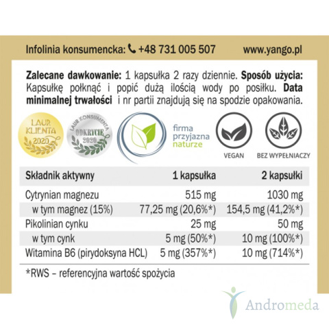 Magnez + Cynk + B6 – 90 Kapsułek Yango