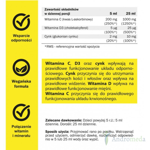 Witamina C + D3 Z Cynkiem - 500 Ml Yango