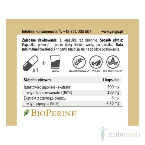 Resveratrol z rdestowca japońskiego z piperyną - 30 kapsułek Yango
