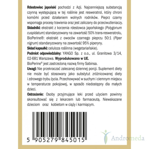 Resveratrol z rdestowca japońskiego z piperyną - 30 kapsułek Yango