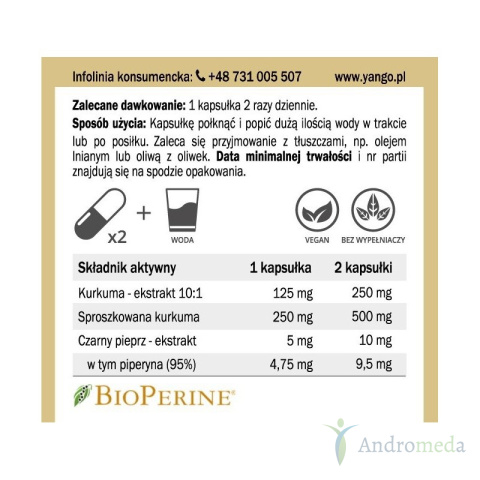 Kurkuma - ekstrakt + piperyna - 60 kapsułek Yango